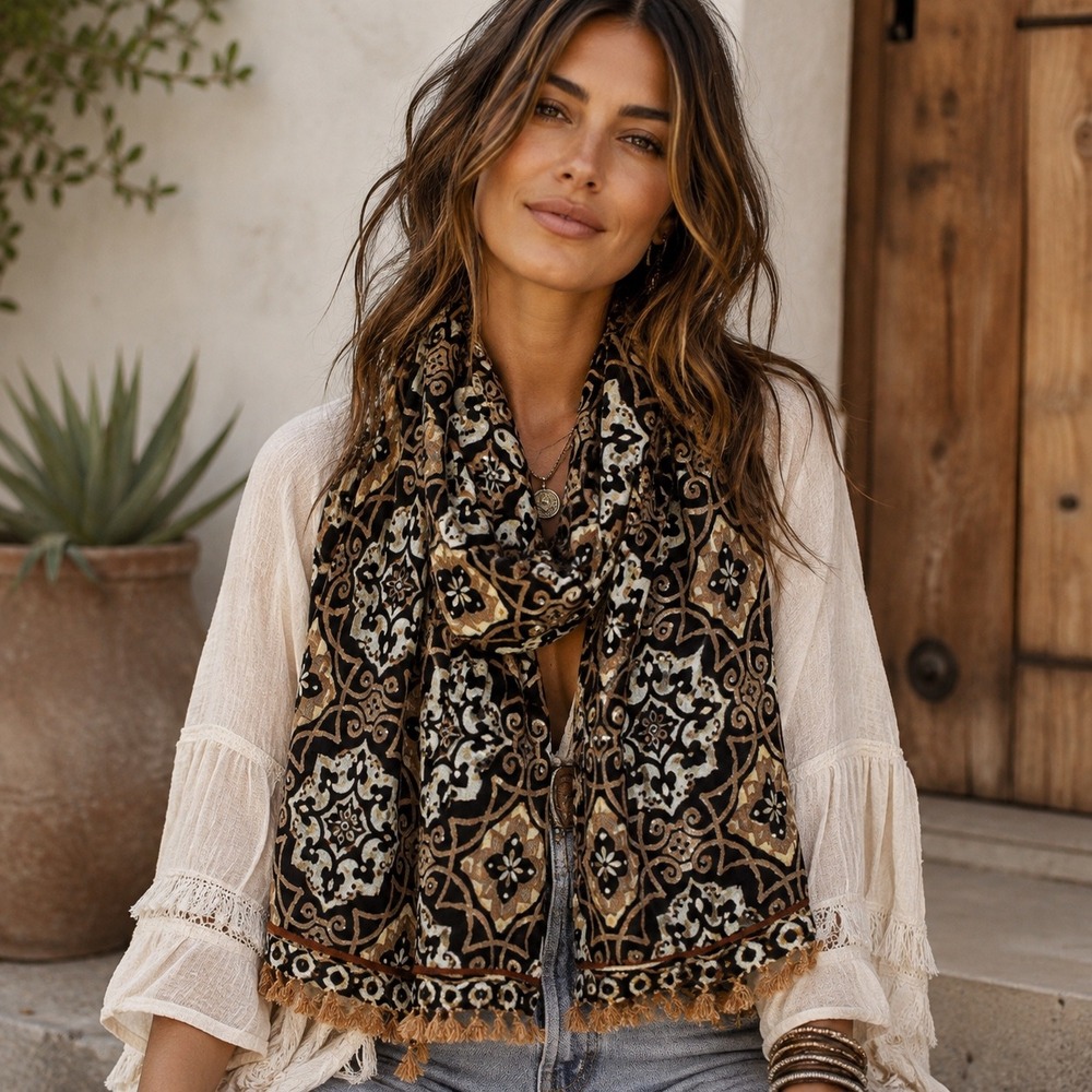 Boho Medallion Print Fringe Scarf Womens Black Tan Damask Lightweight